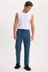 Erkek Standart Fit Normal Kesim Pamuklu Kareli Beli Bağcıklı Cepli  Lacivert Pijama Altı