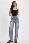 Kadın Relax Fit Rahat Kesim %100 Pamuk Cepli Geniş Paça Mavi Jean Kot Pantolon