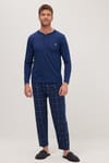 Erkek Regular Fit Pamuklu Düğmeli Yaka Beli Lastikli Desenli İndigo Pijama Takımı