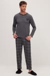 Erkek Regular Fit Pamuklu Düğmeli Yaka Beli Lastikli Desenli Gri Pijama Takımı