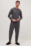 Erkek Regular Fit Pamuklu Düğmeli Yaka Beli Lastikli Desenli Gri Pijama Takımı