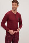 Erkek Regular Fit Pamuklu Düğmeli Yaka Beli Lastikli Desenli Bordo Pijama Takımı