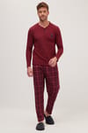 Erkek Regular Fit Pamuklu Düğmeli Yaka Beli Lastikli Desenli Bordo Pijama Takımı
