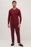 Erkek Regular Fit Pamuklu Düğmeli Yaka Beli Lastikli Desenli Bordo Pijama Takımı