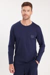Erkek Standart Fit %100 Pamuk Bisiklet Yaka Beli Lastikli Lacivert Pijama Takımı