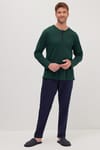 Erkek Standart Fit Normal Kesim %100 Pamuk Bisiklet Yaka Beli Lastikli Lacivert Pijama Takımı