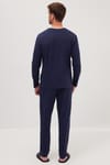 Erkek Standart Fit Normal Kesim %100 Pamuk Bisiklet Yaka Beli Lastikli Lacivert Pijama Takımı
