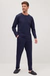 Erkek Standart Fit Normal Kesim %100 Pamuk Bisiklet Yaka Beli Lastikli Lacivert Pijama Takımı