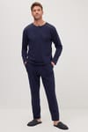 Erkek Standart Fit Normal Kesim %100 Pamuk Bisiklet Yaka Beli Lastikli Lacivert Pijama Takımı