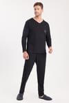 Erkek Standart Fit %100 Pamuk V Yaka Beli Lastikli Siyah Pijama Takımı