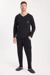 Erkek Standart Fit %100 Pamuk V Yaka Beli Lastikli Siyah Pijama Takımı