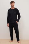Erkek Standart Fit %100 Pamuk Bisiklet Yaka Beli Lastikli Siyah Pijama Takımı