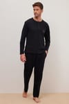 Erkek Standart Fit %100 Pamuk Bisiklet Yaka Beli Lastikli Siyah Pijama Takımı