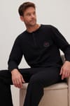 Erkek Standart Fit %100 Pamuk Bisiklet Yaka Beli Lastikli Siyah Pijama Takımı