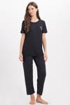 Kadın Standart Fit Normal Kesim Bisiklet Yaka Kısa Kollu Baskılı Siyah Pijama Takımı