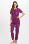 Kadın Standart Fit Normal Kesim Bisiklet Yaka Kısa Kollu Baskılı Mor Pijama Takımı