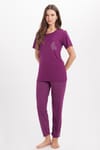 Kadın Standart Fit Normal Kesim Bisiklet Yaka Kısa Kollu Baskılı Mor Pijama Takımı