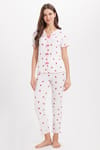 Kadın Standart Fit Normal Kesim Fitilli Görünüm Fiyonk Detaylı Kısa Kol Baskılı Ekru Pijama Takımı