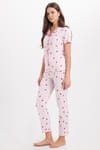 Kadın Standart Fit Normal Kesim Fitilli Görünüm Fiyonk Detaylı Kısa Kol Baskılı Pembe Pijama Takımı
