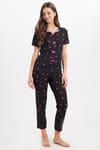Kadın Standart Fit Normal Kesim Bisiklet Yaka Kısa Kollu Baskılı Siyah Pijama Takımı