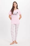 Kadın Regular Fit Klasik Kesim %100 Pamuk Bisiklet Yaka Kısa Kollu Baskılı Pembe Pijama Takımı