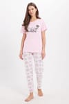 Kadın Regular Fit Klasik Kesim %100 Pamuk Bisiklet Yaka Kısa Kollu Baskılı Pembe Pijama Takımı