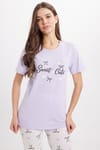 Kadın Regular Fit Klasik Kesim %100 Pamuk Bisiklet Yaka Kısa Kollu Baskılı Lila Pijama Takımı