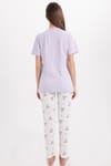 Kadın Regular Fit Klasik Kesim %100 Pamuk Bisiklet Yaka Kısa Kollu Baskılı Lila Pijama Takımı