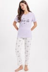 Kadın Regular Fit Klasik Kesim %100 Pamuk Bisiklet Yaka Kısa Kollu Baskılı Lila Pijama Takımı