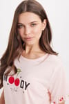 Kadın Regular Fit Klasik Kesim %100 Pamuk Bisiklet Yaka Kısa Kollu Baskılı Pembe Pijama Takımı