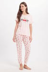 Kadın Regular Fit Klasik Kesim %100 Pamuk Bisiklet Yaka Kısa Kollu Baskılı Pembe Pijama Takımı