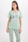 Kadın Regular Fit Klasik Kesim %100 Pamuk Bisiklet Yaka Kısa Kollu Baskılı Mint Pijama Takımı
