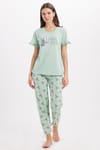 Kadın Regular Fit Klasik Kesim %100 Pamuk Bisiklet Yaka Kısa Kollu Baskılı Mint Pijama Takımı