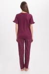 Kadın Regular Fit Klasik Kesim %100 Pamuk Bisiklet Yaka Kısa Kollu Baskılı Mürdüm Pijama Takımı