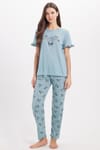 Kadın Regular Fit Klasik Kesim %100 Pamuk Fırfır Detaylı Kısa Kollu Baskılı Yeşil Pijama Takımı