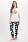 Kadın Regular Fit Klasik Kesim Pamuklu Bisiklet Yaka Kısa Kollu Baskılı Beyaz Pijama Takımı
