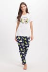 Kadın Regular Fit Klasik Kesim Pamuklu Bisiklet Yaka Kısa Kollu Baskılı Beyaz Pijama Takımı