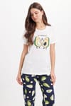 Kadın Regular Fit Klasik Kesim Pamuklu Bisiklet Yaka Kısa Kollu Baskılı Beyaz Pijama Takımı