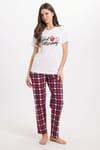 Kadın Regular Fit Klasik Kesim Pamuklu Bisiklet Yaka Kısa Kollu Baskılı Beyaz Pijama Takımı