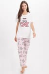 Kadın Regular Fit Klasik Kesim Pamuklu Bisiklet Yaka Kısa Kollu Baskılı Beyaz Pijama Takımı