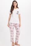 Kadın Regular Fit Klasik Kesim Pamuklu Bisiklet Yaka Kısa Kollu Baskılı Beyaz Pijama Takımı