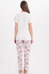 Kadın Regular Fit Klasik Kesim Pamuklu Bisiklet Yaka Kısa Kollu Baskılı Beyaz Pijama Takımı