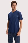 Erkek Standart Fit Normal Kesim Pamuklu Kısa Kollu Bisiklet Yaka Cepli Lacivert Pijama Takımı
