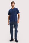 Erkek Standart Fit Normal Kesim Pamuklu Kısa Kollu Bisiklet Yaka Cepli Lacivert Pijama Takımı