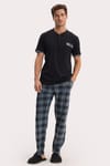 Erkek Standart Fit Normal Kesim Pamuklu Kısa Kollu Bisiklet Yaka Cepli Siyah Pijama Takımı