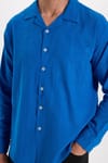 Erkek Relax Fit Rahat Kesim Oversize %100 Pamuk Keten Doku Apaş Yaka Saks Mavi Gömlek