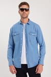 Erkek Relax Fit Rahat Kesim Spor Yaka Çift Cep Kapaklı Denim Gömlek