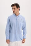 Erkek Regular Fit Klasik Kesim Oversize Pamuklu Keten Doku Düğmeli Yaka Mavi Gömlek