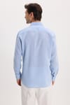 Erkek Regular Fit Klasik Kesim Oversize Pamuklu Keten Doku Düğmeli Yaka Mavi Gömlek