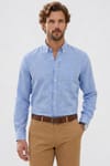 Erkek Regular Fit Klasik Kesim Oversize Pamuklu Keten Doku Düğmeli Yaka Mavi Gömlek